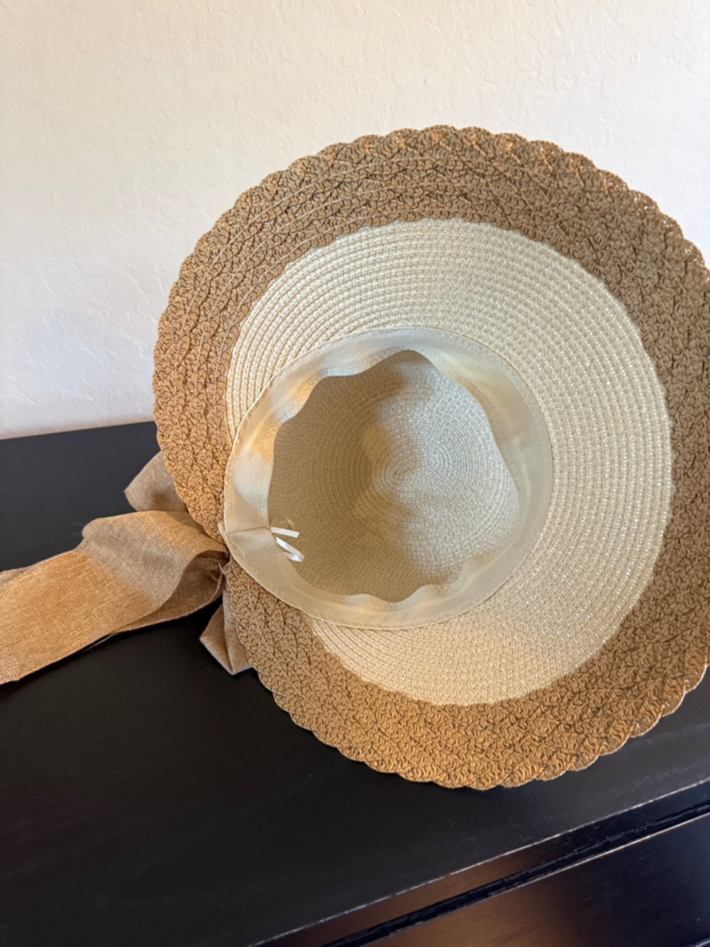 Wide Brim Straw Sun Hat Beige Ribbon Bow New No tag - Picture 9 of 14